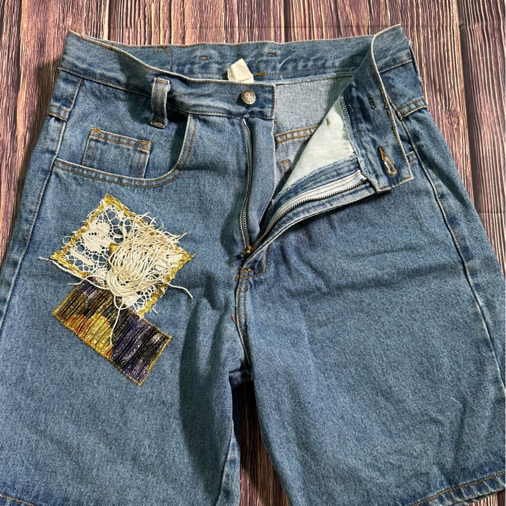 Women’s Vintage 80’s AFSY Embroidered Patchwork Denim Jean Shorts Deadstock - Picture 5 of 8
